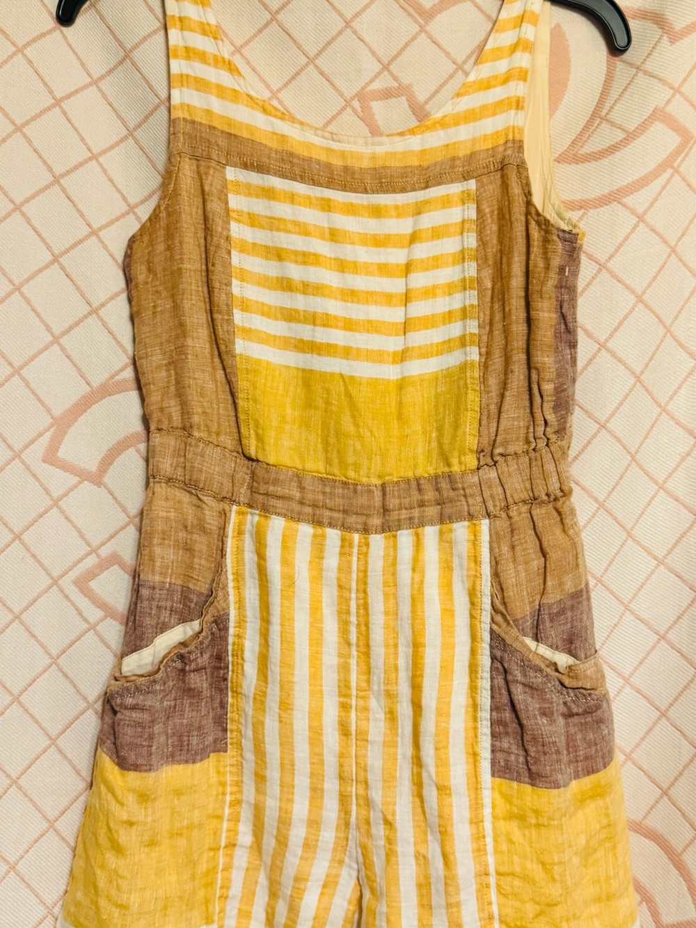Anthropologie Yellow & Brown Striped Linen Jumpsuit Romper